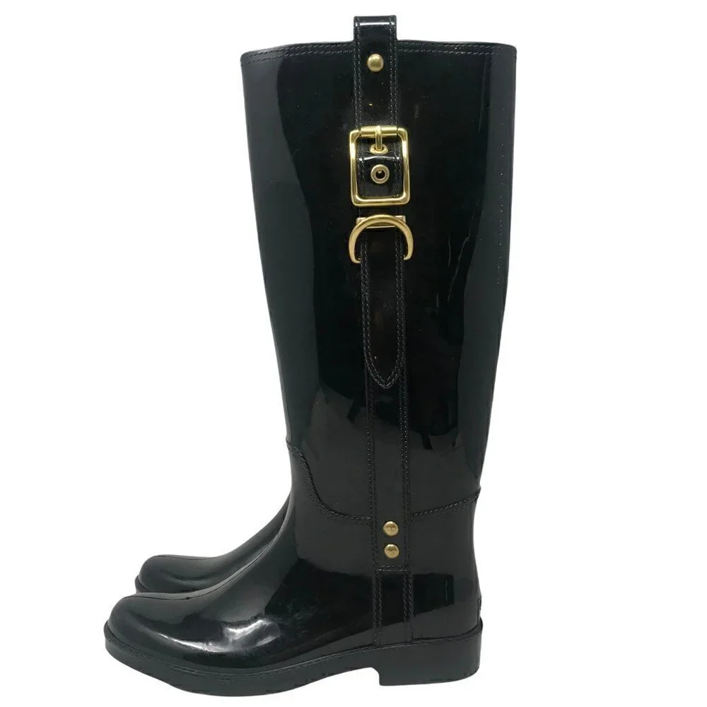 Coach Womens Tasha Riding Rain Boots Black Round Toe Knee High Buckle 7